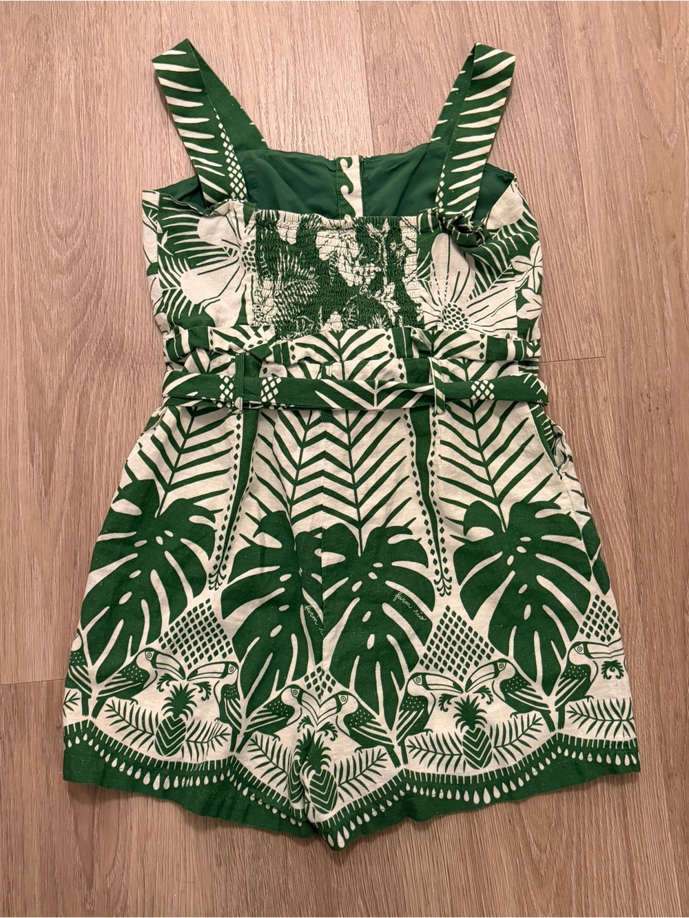 Farm Rio Green & White Tropical Print Romper with Beaded Belt and Pockets - Picture 8 of 17